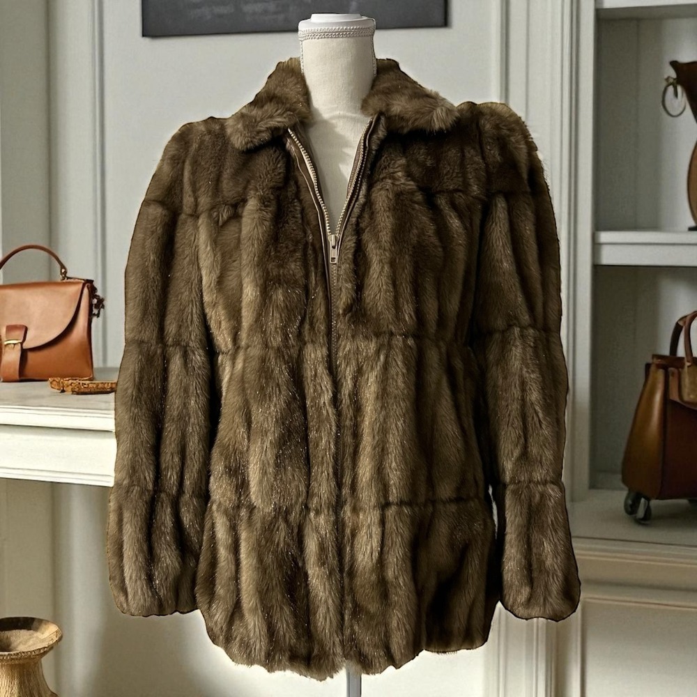 Vintage Sterling Stall Brown Full‎ Zip Faux Fur Old Hollywood Jacket